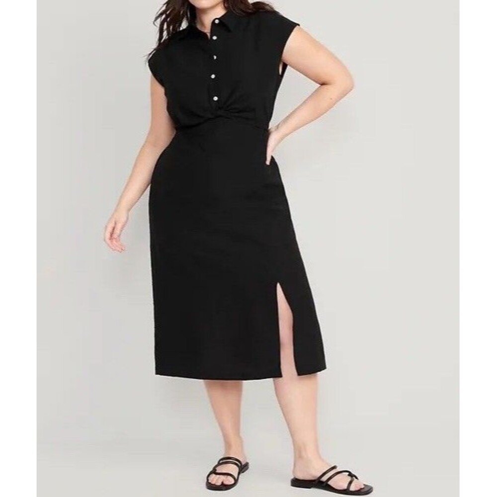 Old Navy Midi Shirt Dress Women's 2X Black Waist-Defined Twist-Front Collared